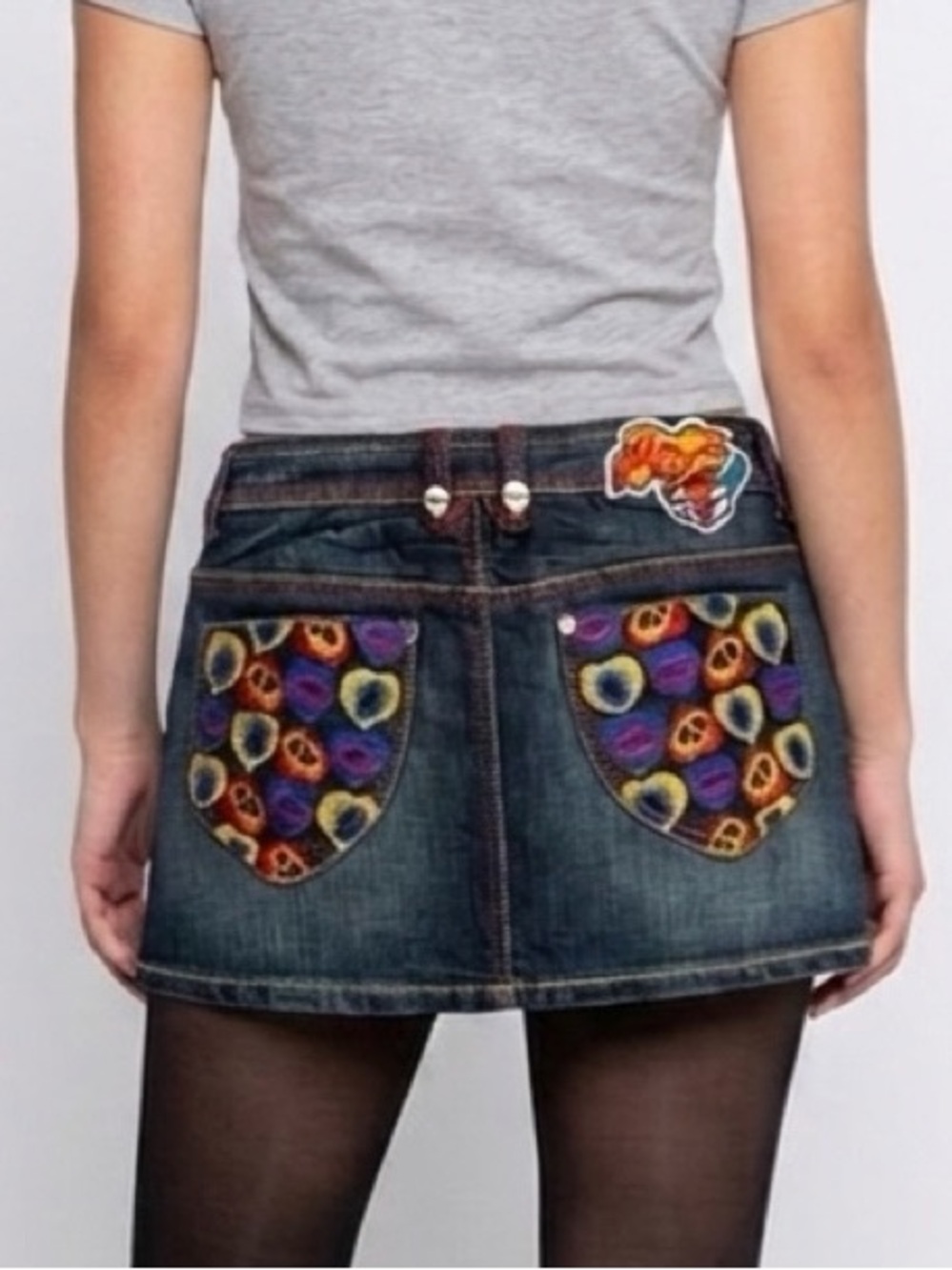 Akademiks Y2K Vintage Denim Skull & Lip Embroidered Pockets Kiss Mini Skirt-NWT